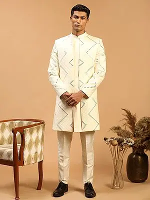 Cream Viscose Zig-Zag Pattern Mirror Work Achkan Coat with Pant Style Pajama