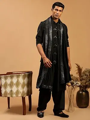 Black Viscose Plain Kurta with Patiala Set and Mirror Work Zig-Zag Pattern Jacket & Dupatta