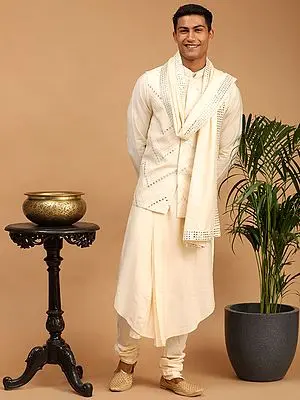 Cream Viscose Asymmetric Kurta Pajama With Mirror Embroidery Chevron Pattern Jacket & Dupatta
