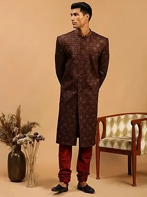 Maroon Silk Blend Jacquard Indo Western Sherwani With Poly Piscose Churidar Pajama