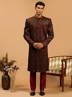 Maroon Silk Blend Jacquard Floral Butta Sherwani With Viscose Pant Style Pajama