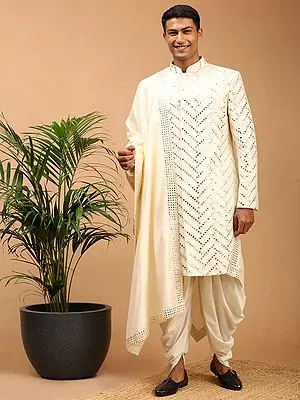 Cream Silk Blend Sherwani with Mirror Embroidery and Viscose Blend Cowl Style Patiala Dhoti & Dupatta