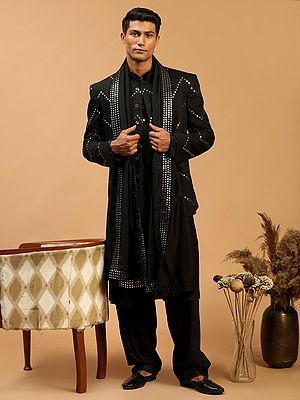 Black Viscose Kurta Patiala Set with Mirror Work Chevron Pattern Jodhpuri Coat with Dupatta