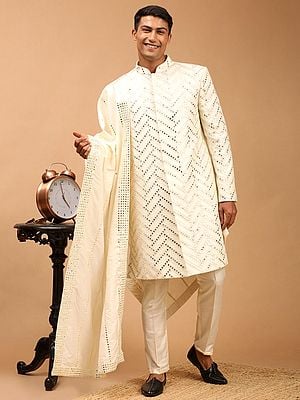 Cream Silk Blend Mirror Work Achkan Style Sherwani And Dupatta With Viscose Blend Pant Style Pajama