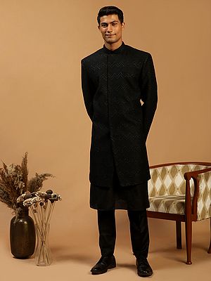 Black Silk Blend Designer Indowestern Achkan Coat With Viscose Pajama