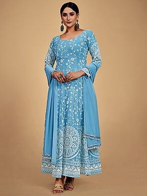 Sky-Blue Cotton Mandala-Chakra Motif Pant Style Anarkali Suit With Thread-Gota Embroidery And Beaded Border Dupatta
