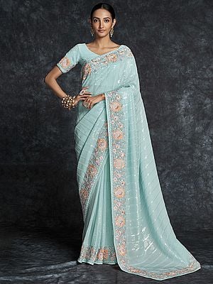 Georgette Pinstripe Pattern Thread-Sequins Heavy Embroidered Saree with Meena Floral Border