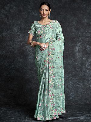 Organza Meena Vine Pattern Saree With Sequins-Thread Embroidery