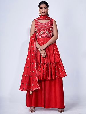 Red Chiffon Palazzo Salwar Kameez Suit With Floral Butti Thread, Zari, Mirror Embroidery And Latkan Dupatta