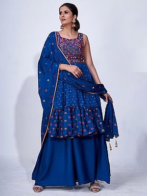 Chiffon Navy-Blue Salwar Embellished in Floral Embroidery with Palazzo and Latkan Dupatta