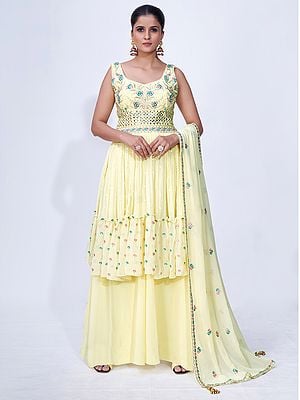 Lime-Yellow Chiffon Thread, Zari, Mirror Embroidered Meena Butti Palazzo Salwar Suit With Latkan Dupatta