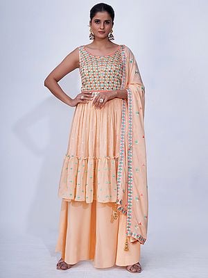 Peach Chiffon Palazzo Salwar Suit With Thread, Beads, Mirror Embroidery And Latkan Border Dupatta
