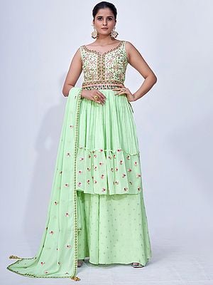 Neon-Green Chiffon Phool Bail Palazzo Salwar Suit With Thread, Beads, Mirror Work And Dupatta