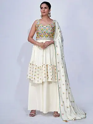 Off-White Chiffon Salwar Embellished in Floral Embroidery with Palazzo and Latkan Dupatta
