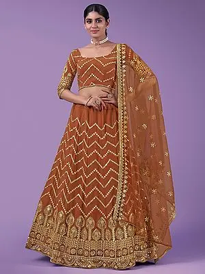 Russet Georgette Lehenga Choli Set with Soft Net Dupatta Embellished Chevron Motif with Sequins and Zari Embroidery