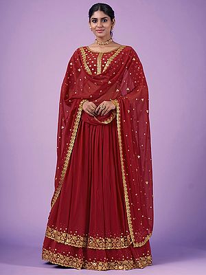 Red Georgette Lehenga Choli Set with Scalloped Dupatta Embellished with Sequins and Zari Embroidery