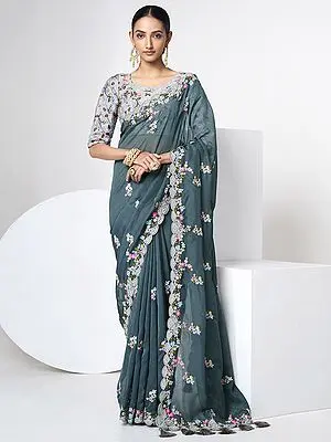 Olive Organza Thread, Dori, Zari Embroidered Floral Meena Butta Saree with Art Silk Blouse and Tassel Pallu Border