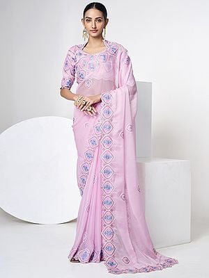 Baby-Pink Organza Thread-Sequins Embroidered Saree With Scalloped Border