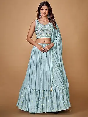 Power-Blue Chiffon Silk Ruffle Lehenga Choli Embellished in Sequins and Pearl Work with Matching Latkan Dupatta