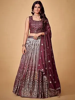 Purple Georgette Lehenga Choli Set with Dupatta Embellished with Geomatic Motif Sequins Embroidery