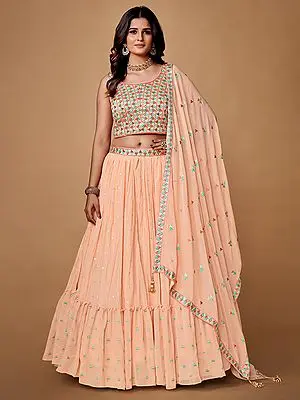 Peach Georgette Lehenga Choli and Dupatta Set with Cutdana Embroidery