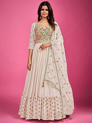 White Chinon Silk Floral Butti Anarkali Gown With Tassel Dupatta And Mirror, Pearl, Thread, Sequins Embroidery
