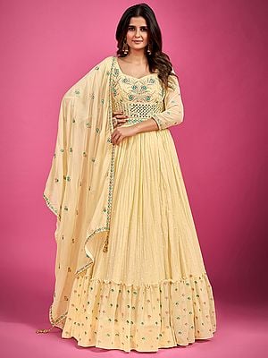 Yellow Pure Georgette Ruffle Gown With Thread, Mirror, Zarkan, Pearl Embroidery And Designer Dupatta