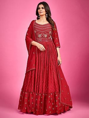 Red Chinon Silk Designer Anarkali Gown With Embroidered Mirror, Pearl, Thread, Cutdana Work And Designer Dupatta