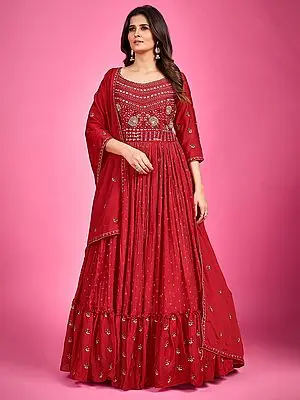 Red Chinon Silk Designer Anarkali Gown with Embroidered Mirror, Pearl, Thread, Cutdana Work and Designer Dupatta