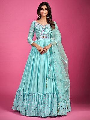 Blue Chinon Silk Bundi Motif Anarkali Gown with Mirror, Pearl, Thread, Cutdana Embroidery with Soft Net Dupatta