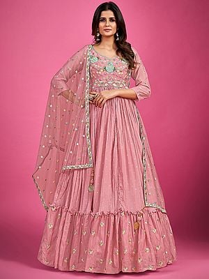 Baby-Pink Chinon Silk Phool Butti Pattern Anarkali Gown with Thread, Pearl, Sequins Embroidery and Soft Net Dupatta