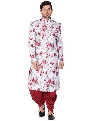 Multicolor Digital Rose Printed Cotton Blend Indowestern Sherwani With Cowl Style Patiala Maroon Dhoti