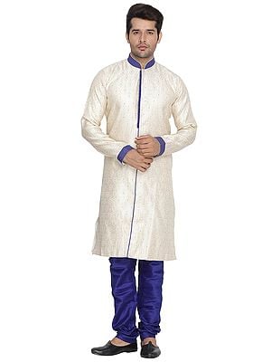 Cotton Silk Brocade Ogee Pattern Sherwani with Churidar Pajama