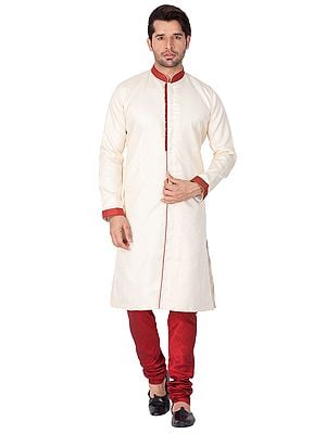 Gold Cotton Silk Drop Pattern Sherwani With Maroon Churidar Pajama