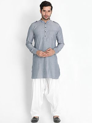 Cotton Blend Basket Weave Front Pocket Pathani Kurta with Afghani Style Pajama