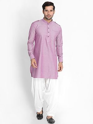 Cotton Blend Basket Weave Front Pocket Pathani Kurta with Afghani Style Pajama