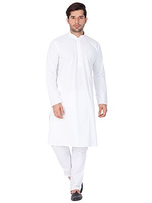 White Cotton Blend Calf Length Plain Kurta Pajama Set