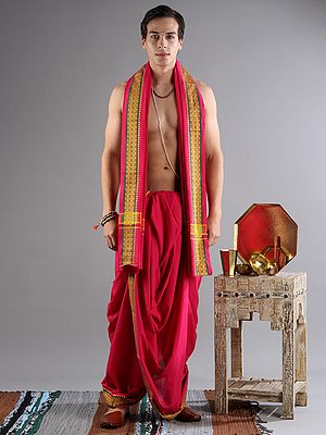 Drape Style Dhoti-Veshti Pure Cotton Set With Stripe Combination Pattern Woven Border