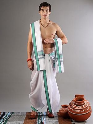 Bright-White Pure Cotton Dhoti-Veshti Drape Set With Woven Border
