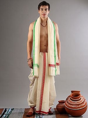 Dual-Color Thin Woven Border Pure Cotton Cream Drape Style Dhoti-Veshti Set
