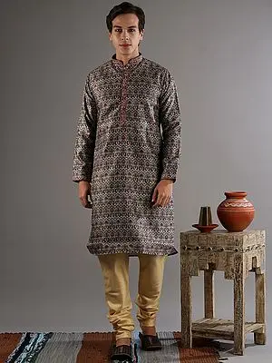 Beige Base Cotton Silk Kurta-Pajama Set with All Over Digital Herringbone Print Pattern and Sequin Work