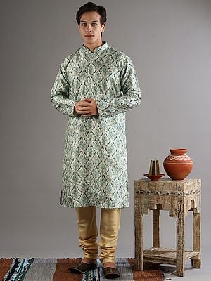 Beige Cotton Silk Kurta-Pajama Set With All Over Victorian Inspired Digital Print Pattern And Sequin Work