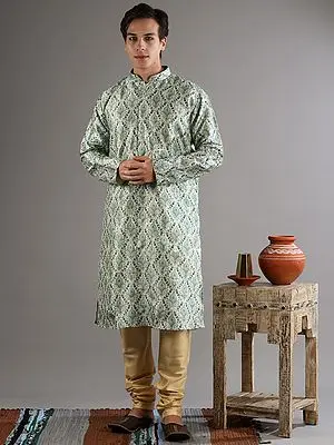 Beige Cotton Silk Kurta-Pajama Set with All Over Victorian Inspired Digital Print Pattern and Sequin Work