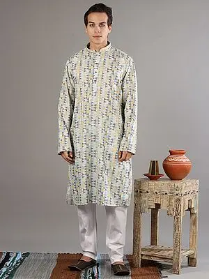 Seamless Multicolor Triangle Digital Print Pattern Kurta with White Pajama Set