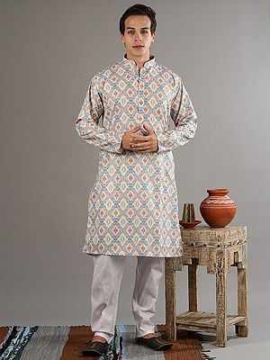 Digital Print Cotton Silk Kurta with Mandarin Collar and White Pajama