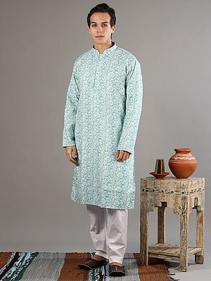 Teal Color Batik Print Sequin Work Cotton Silk Kurta with White Pajama Set