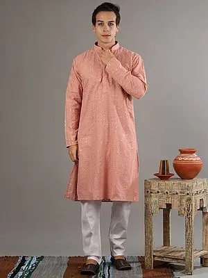Monochrome Paisley Floral Chikankari Coral Color Sequin Work Kurta With White Pajama Set