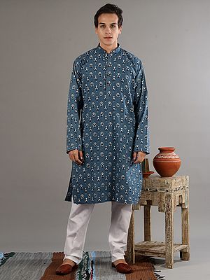 Bluestone Block Printed Geometric Buti On Pure Cotton Kurta With White Pajama