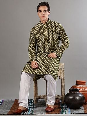 Dark-Green Jaipuri Printed All-Over Paisley In Lattice Motif On Pure Cotton Kurta With White Pajama