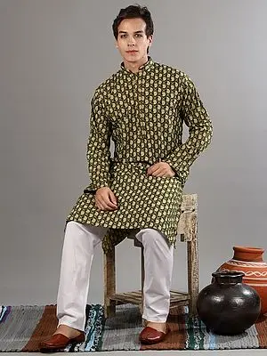 Dark-Green Jaipuri Printed All-Over Paisley in Lattice Motif on Pure Cotton Kurta with White Pajama